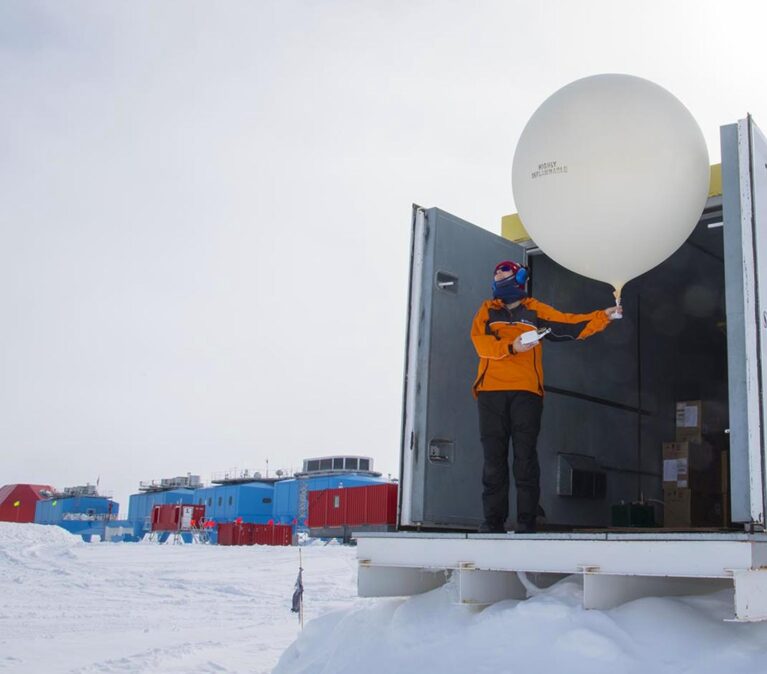 A weather balloon being launched at Halley Research Station
