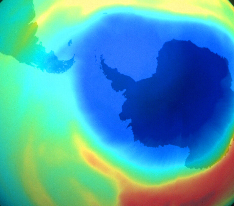 The hole in the ozone layer (shown in blue) over the Antarctic continent