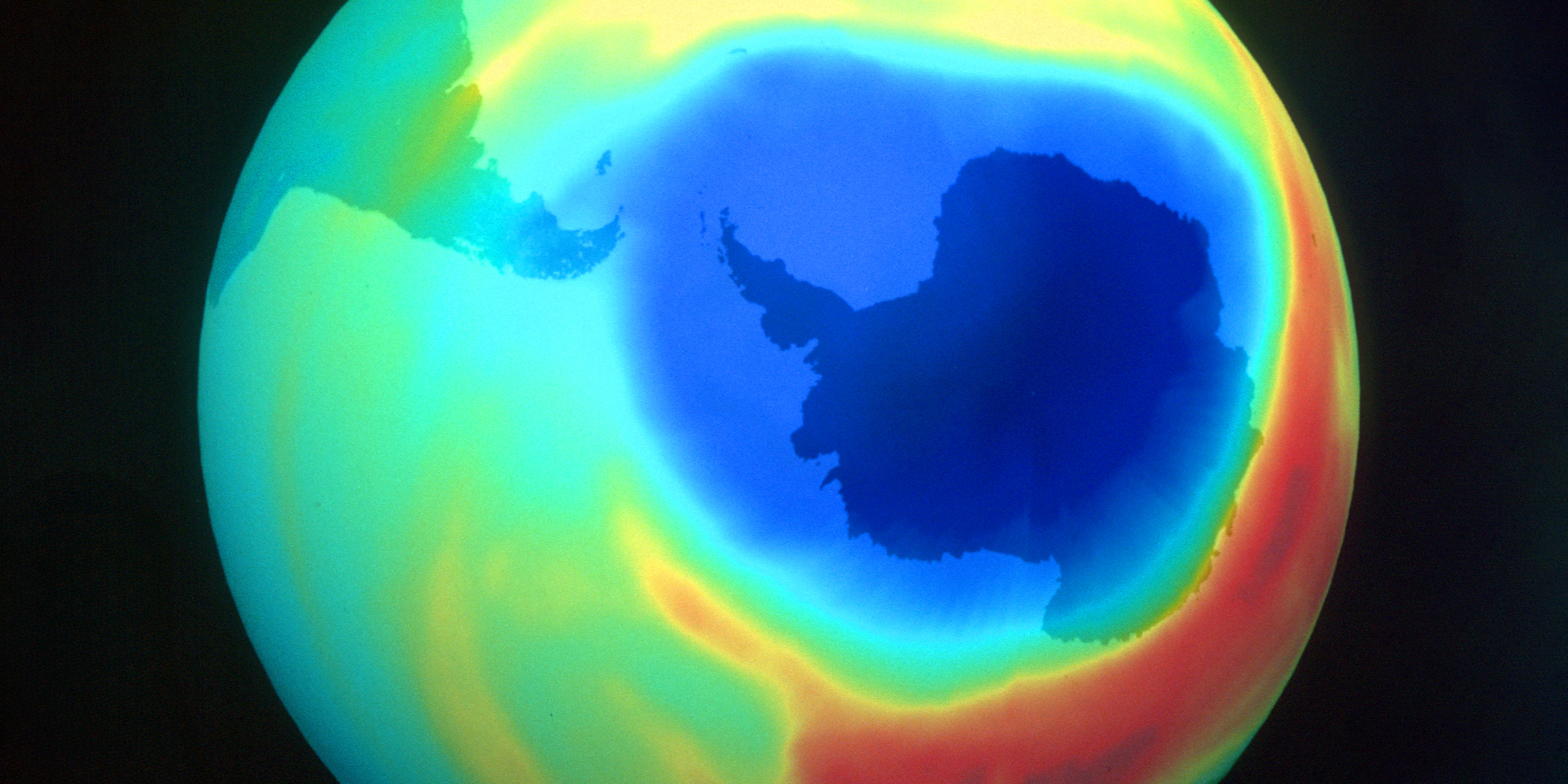 The hole in the ozone layer (shown in blue) over the Antarctic continent
