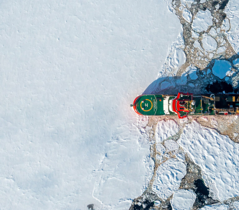 RRS Sir David Attenborough sailing through pack ice