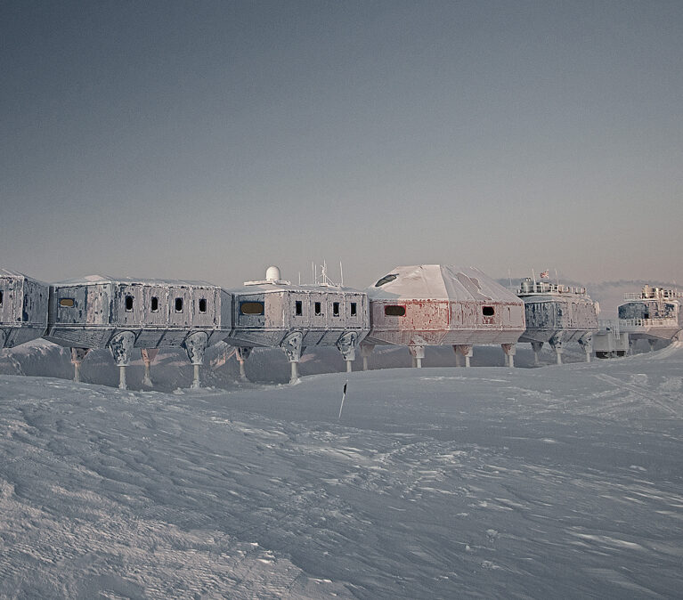 Halley VI Research Station on the Brunt Ice Shelf during winter