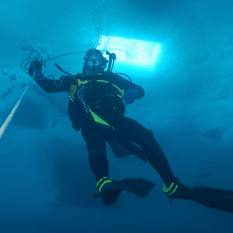 BAS diver under the ice during a long-term monitoring dive